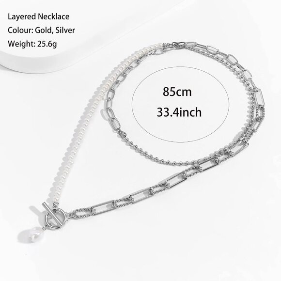 Layered Gold Necklace for Women Non Tarnish Paperclip Pearl Pendant Jewelry Set - Picture 5 of 7